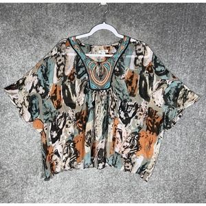 Blue Velvet Sheer Keyhole Abstract Cut Out Shoulder‎ Top Womens Size Large BOHO